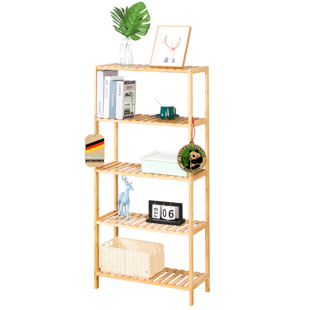 Étagère sur pied en bambou | Ohio | Étagère en bois peu encombrante à 5 niveaux | Idéale pour la salle de bain, la chambre à coucher et le salon