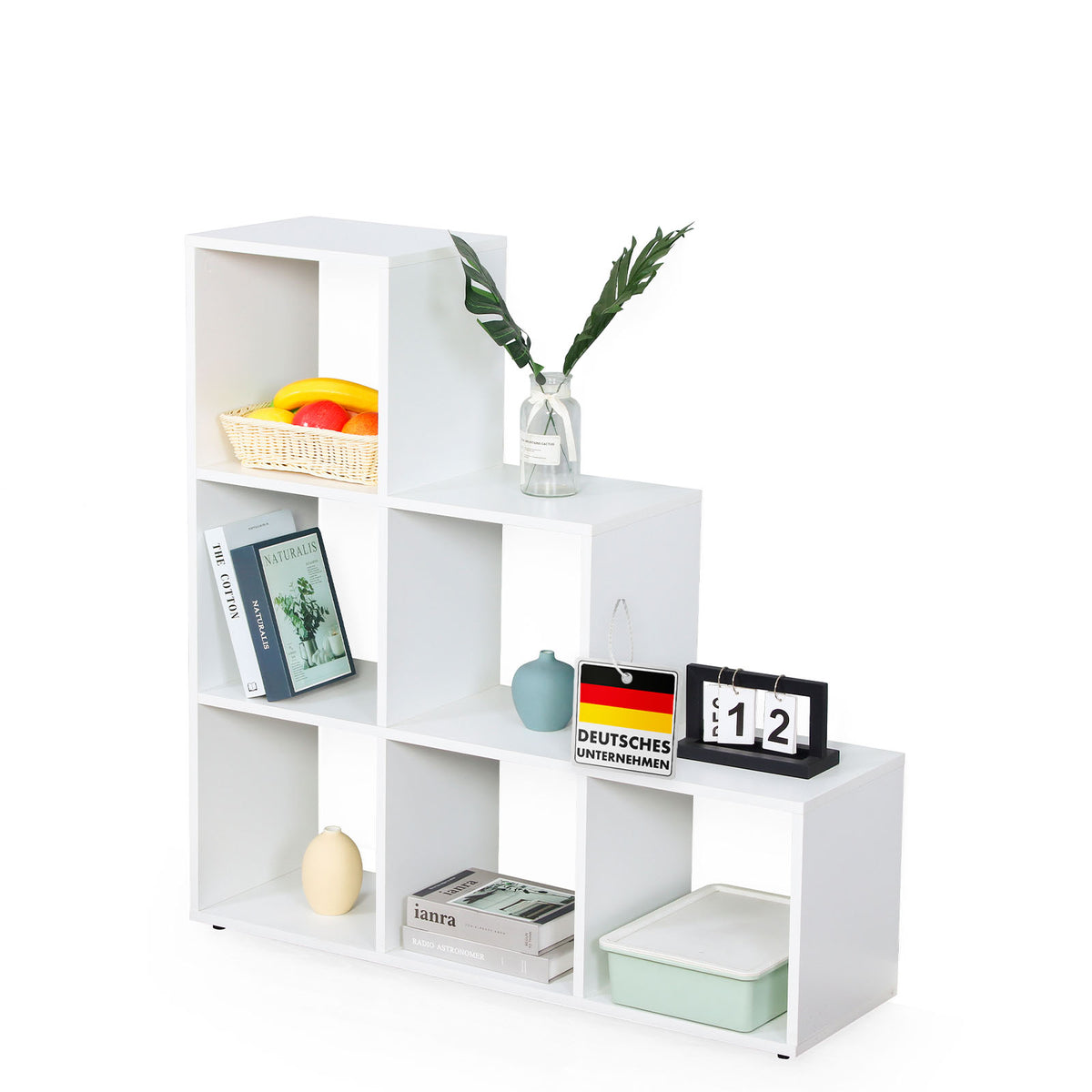 Bibliothèque | Carolina | Étagère blanche en MDF avec 6 compartiments pour livres, plantes & décoration