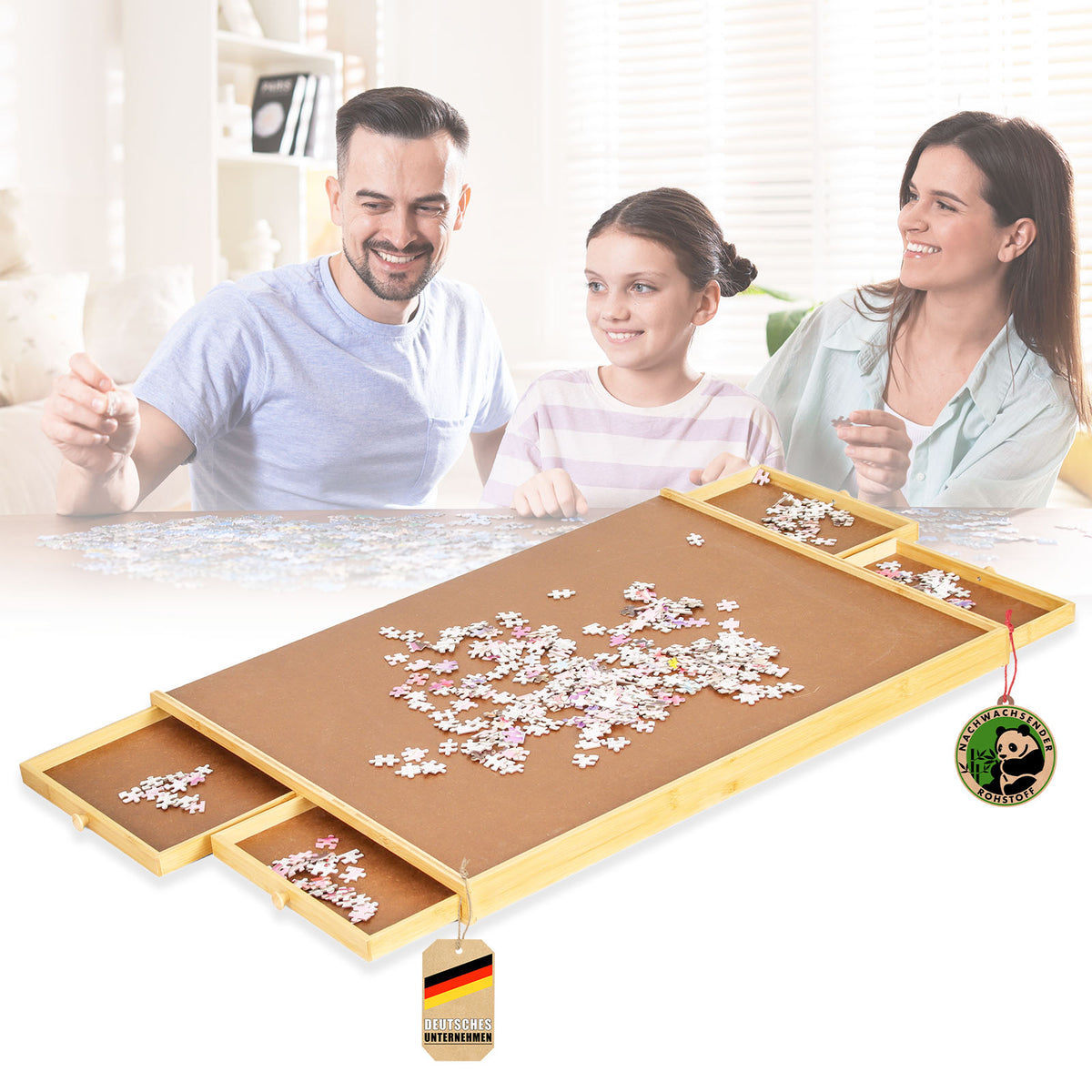 Table de puzzle | Yukon | Support de puzzle compact avec tiroirs en bambou & MDF | Pour jusqu'à 1000 pièces