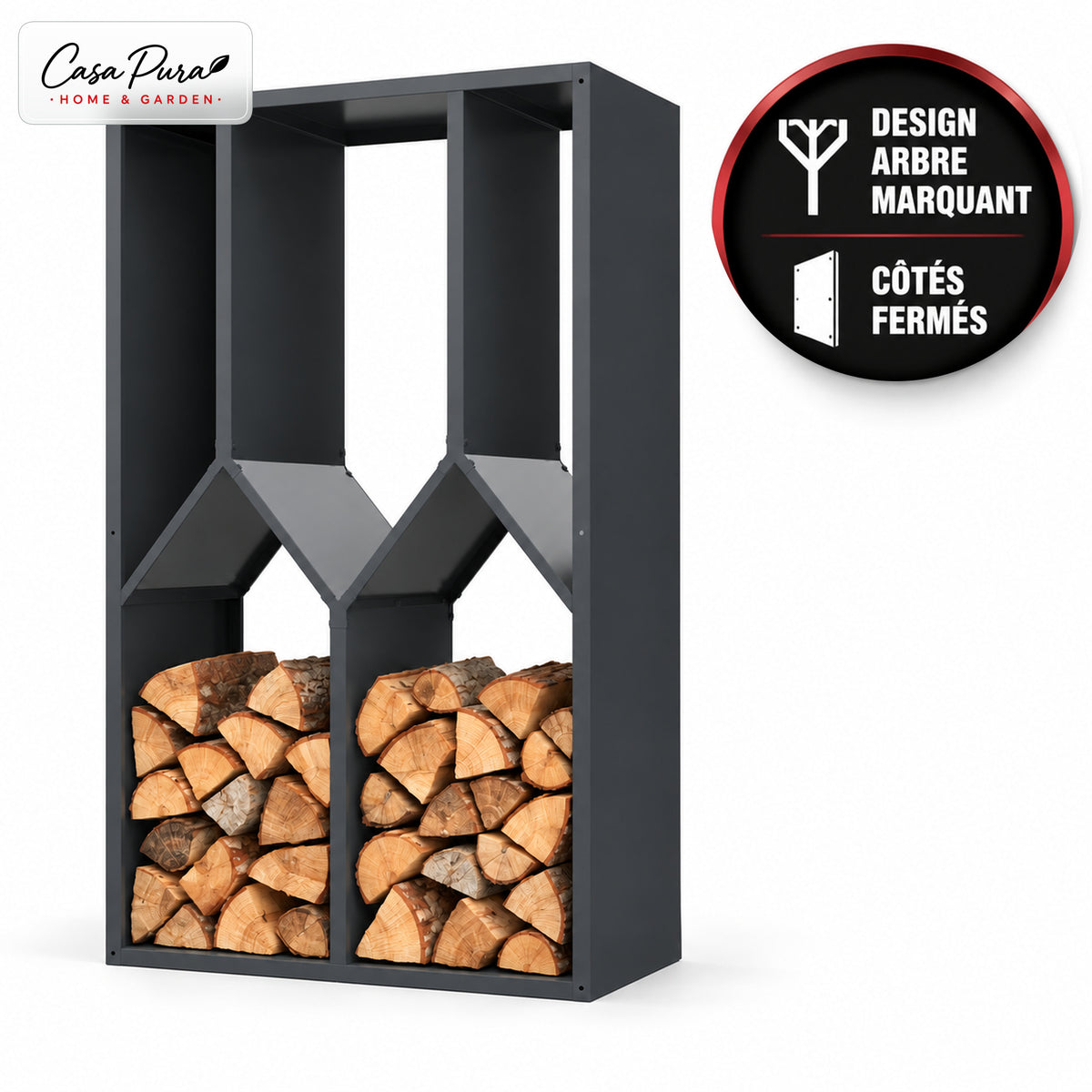Porte-bûches | Nikos | Rangement à bois en acier galvanisé | Design arbre | 95 × 50 × 160 cm