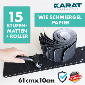 Bandes antidérapantes pour escaliers | Nicu | Surface rugueuse | Autocollantes | Set de 15 pièces avec rouleau de montage | Noir | 10 x 61 cm