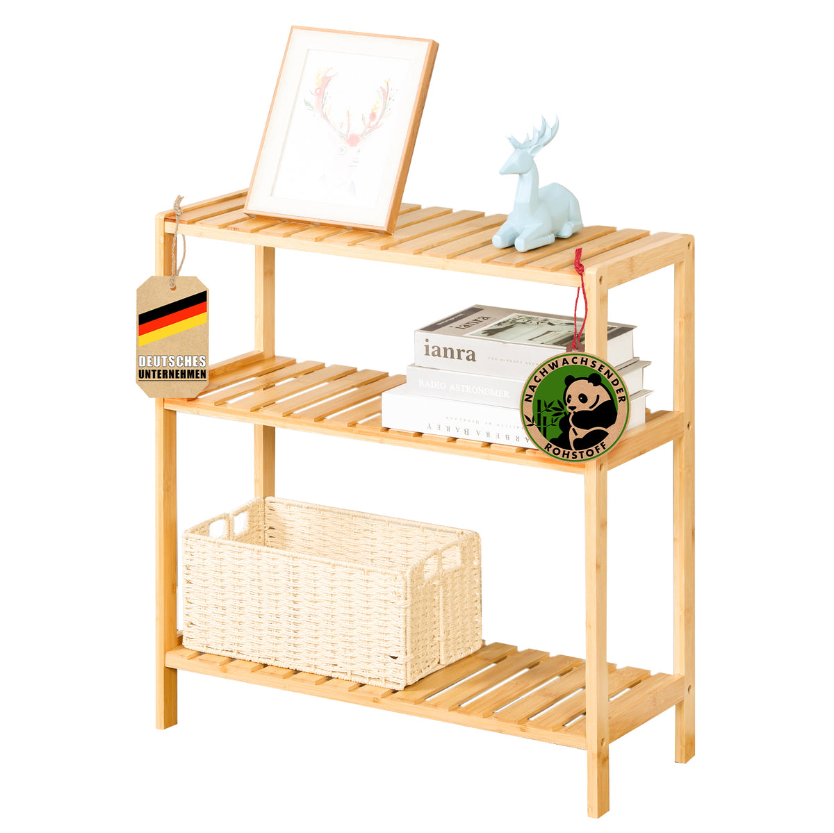 Étagère sur pied en bambou | Kansas | Étagère en bois élégante et peu encombrante avec 3 étages pour un rangement stylé