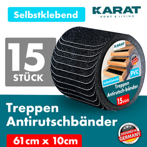 Bandes antidérapantes pour escaliers | Nicu | Surface rugueuse | Autocollantes | Set de 15 pièces avec rouleau de montage | Noir | 10 x 61 cm