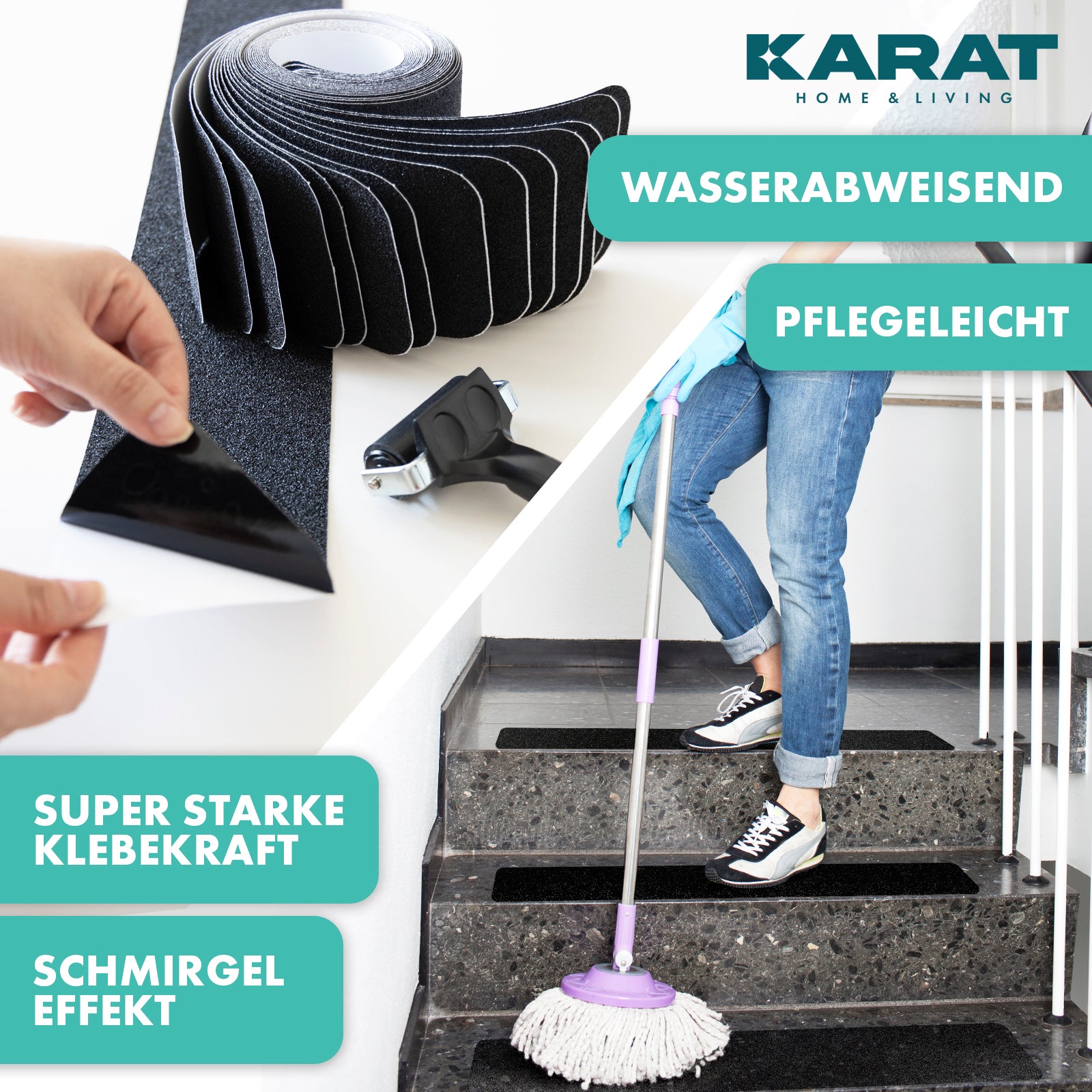 Bandes antidérapantes pour escaliers | Nicu | Surface rugueuse | Autocollantes | Set de 15 pièces avec rouleau de montage | Noir | 10 x 61 cm