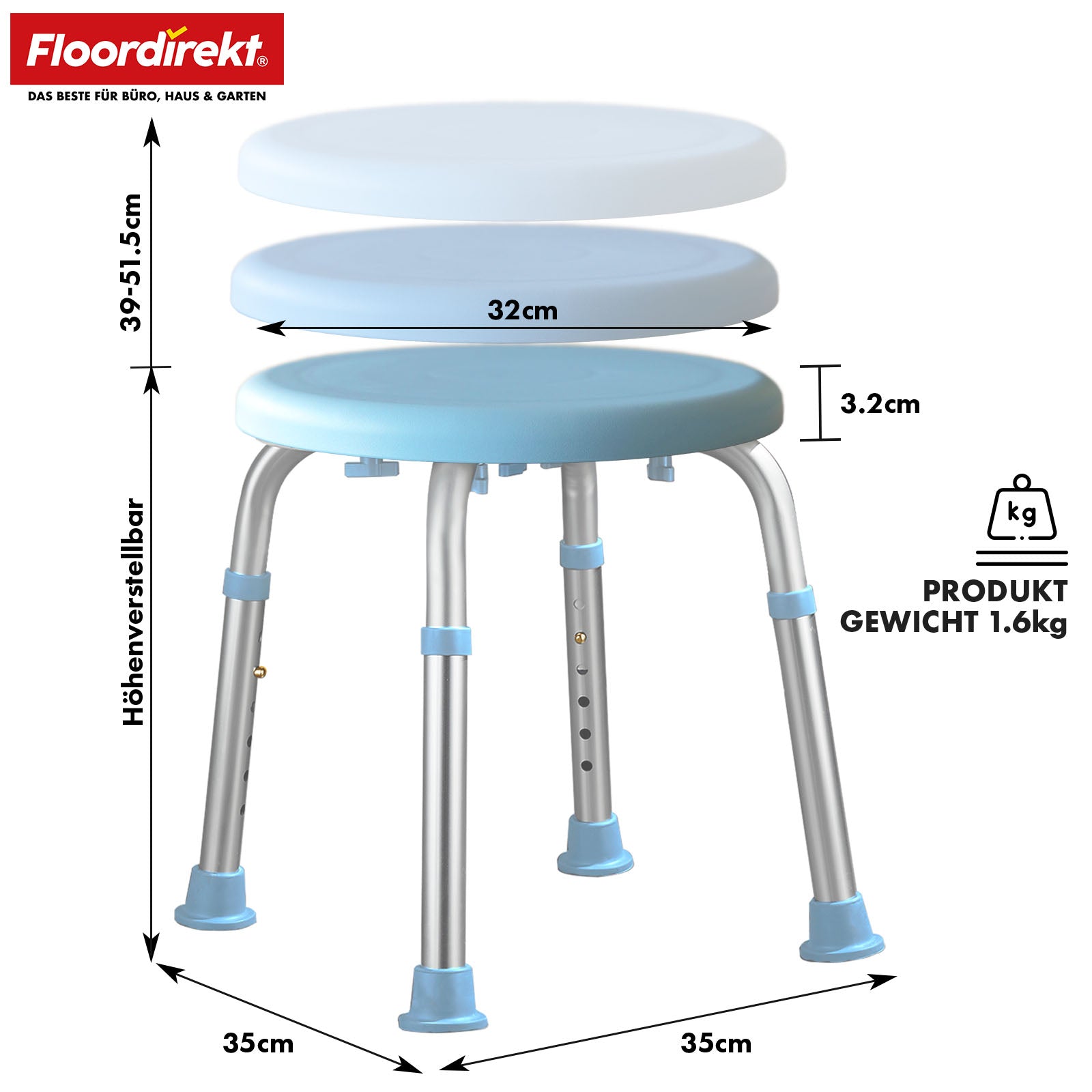 Tabouret de douche | Pedro | Tabouret pivotant réglable en hauteur 360° jusqu’à 150 kg
