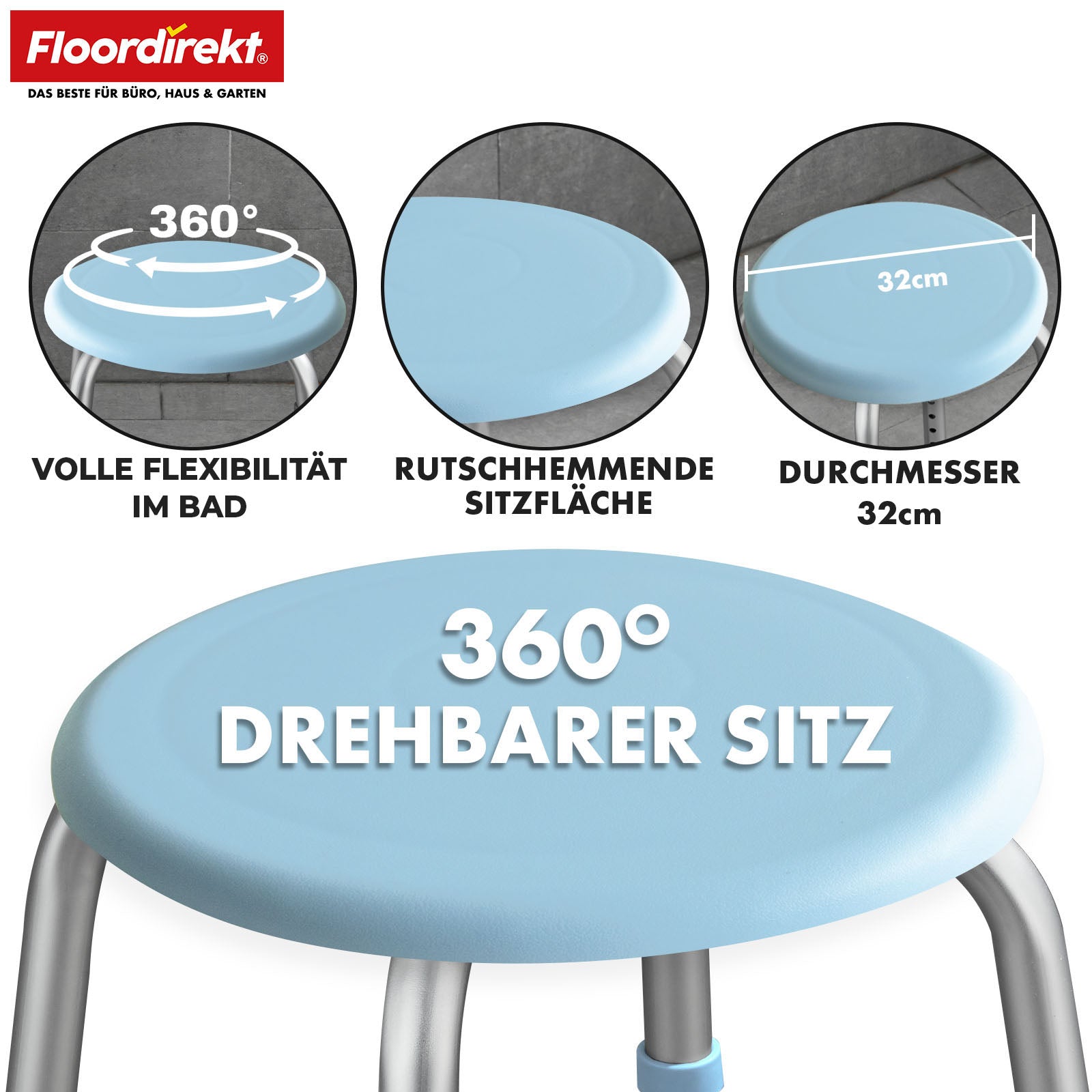 Tabouret de douche | Pedro | Tabouret pivotant réglable en hauteur 360° jusqu’à 150 kg