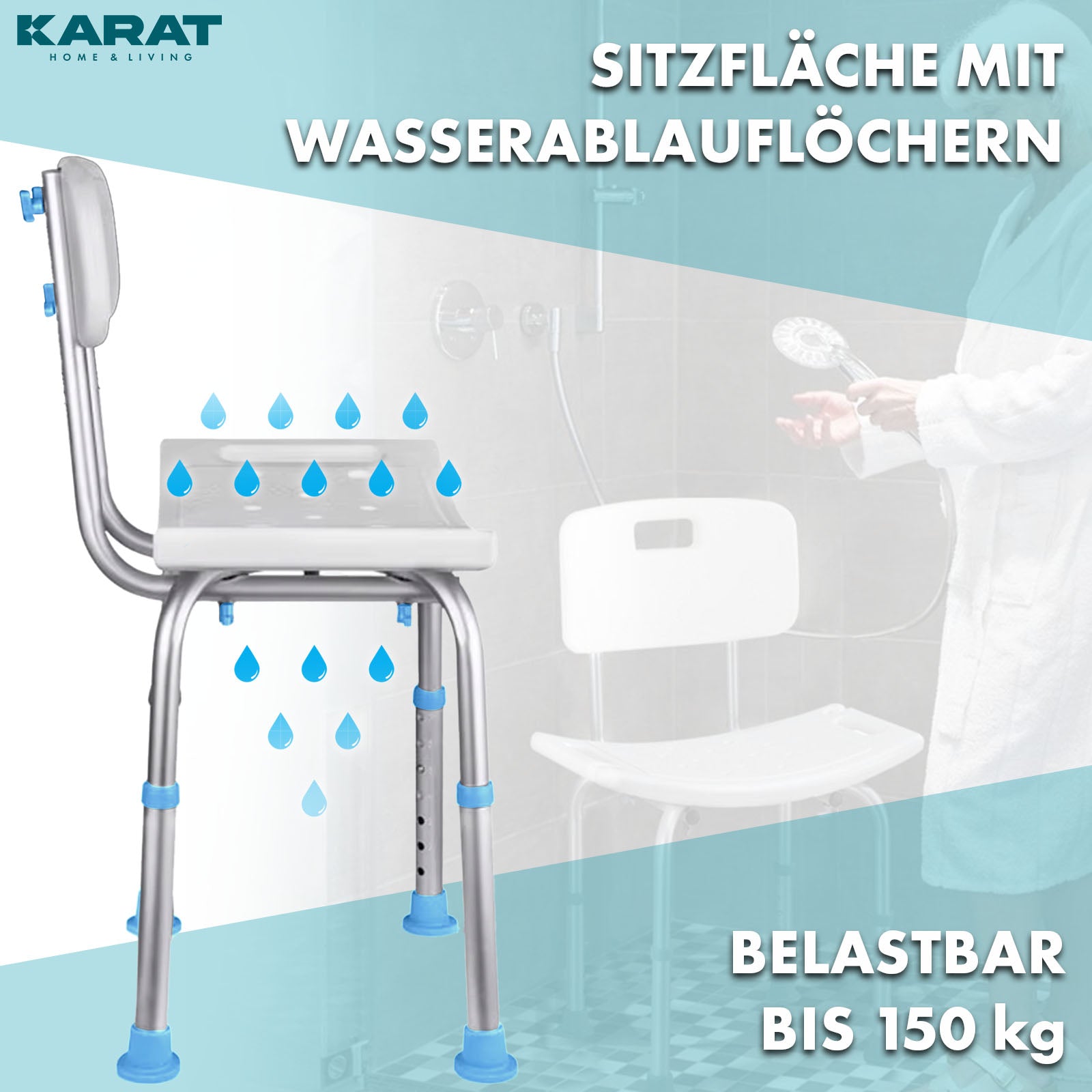 Tabouret de douche | Jonah | Tabouret de bain réglable en hauteur avec dossier, jusqu’à 150 kg