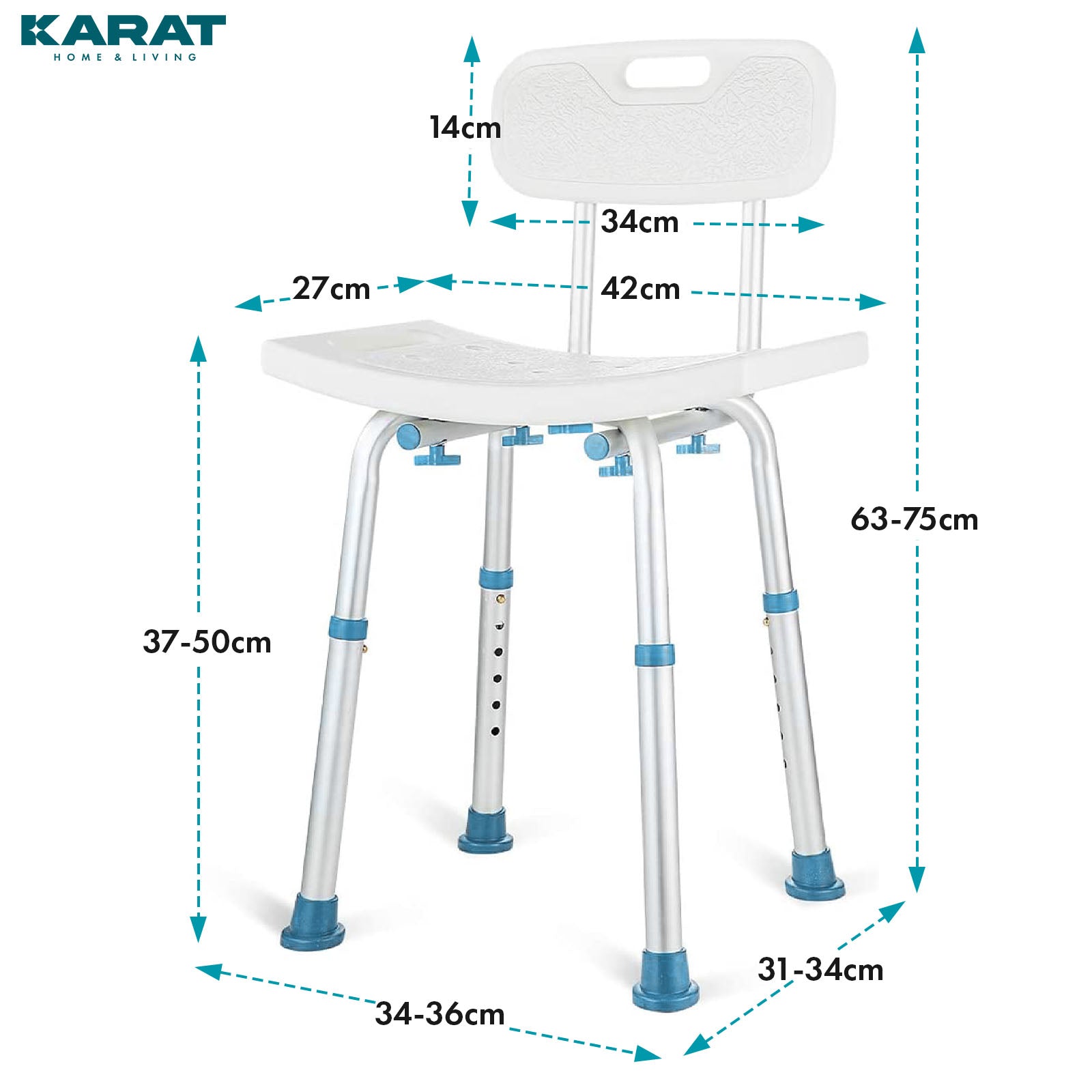 Tabouret de douche | Jonah | Tabouret de bain réglable en hauteur avec dossier, jusqu’à 150 kg