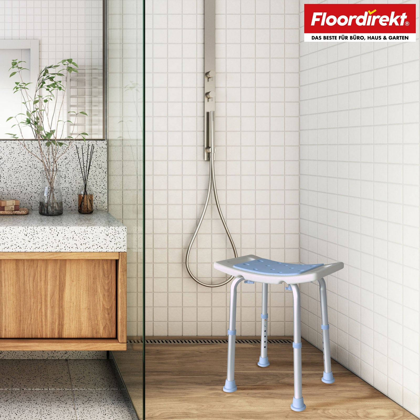 Tabouret de douche | Nora | Tabouret de salle de bain réglable en hauteur, antidérapant, supporte jusqu’à 136 kg