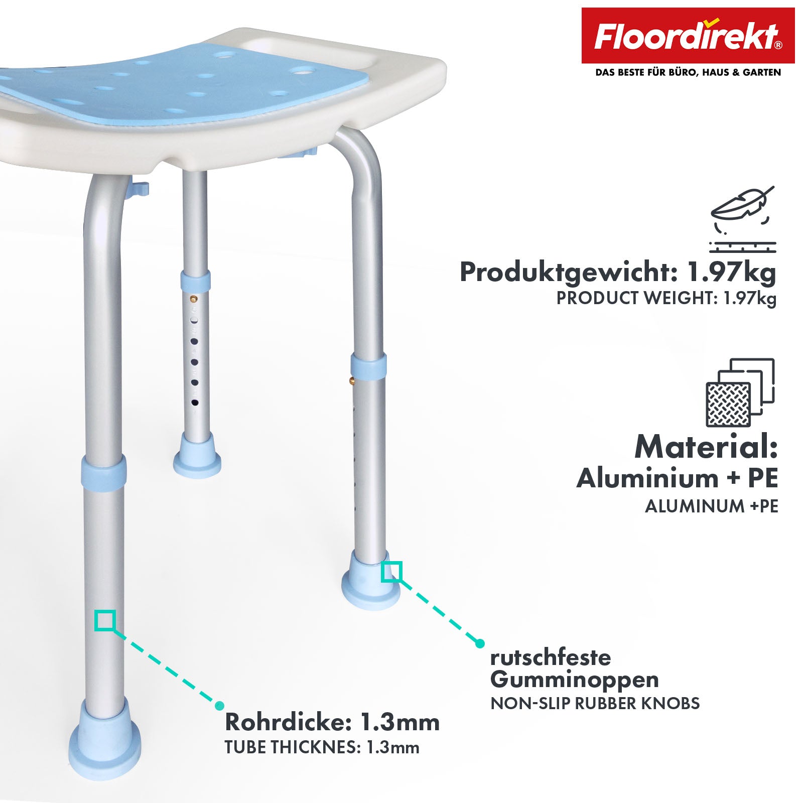 Tabouret de douche | Nora | Tabouret de salle de bain réglable en hauteur, antidérapant, supporte jusqu’à 136 kg