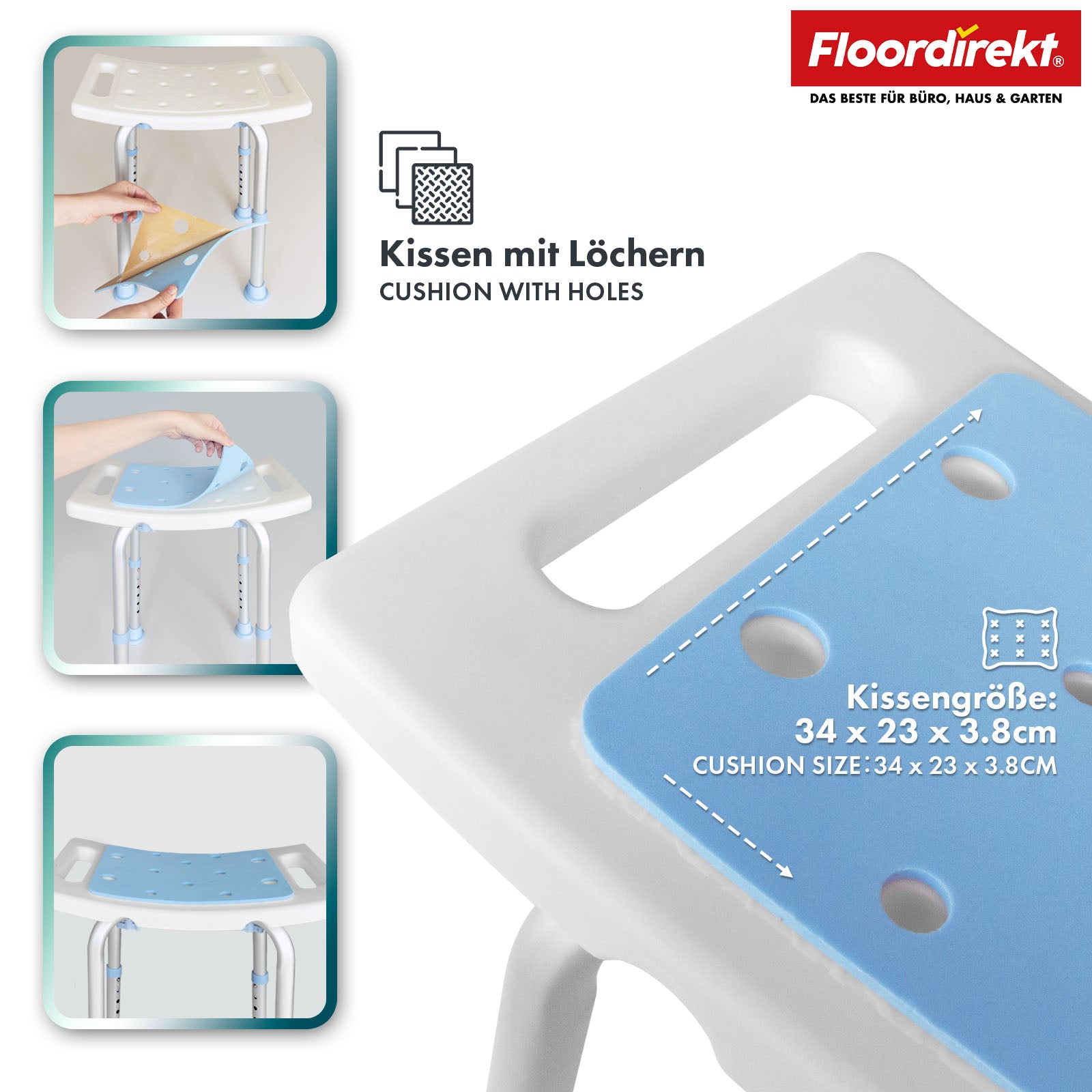 Tabouret de douche | Nora | Tabouret de salle de bain réglable en hauteur, antidérapant, supporte jusqu’à 136 kg