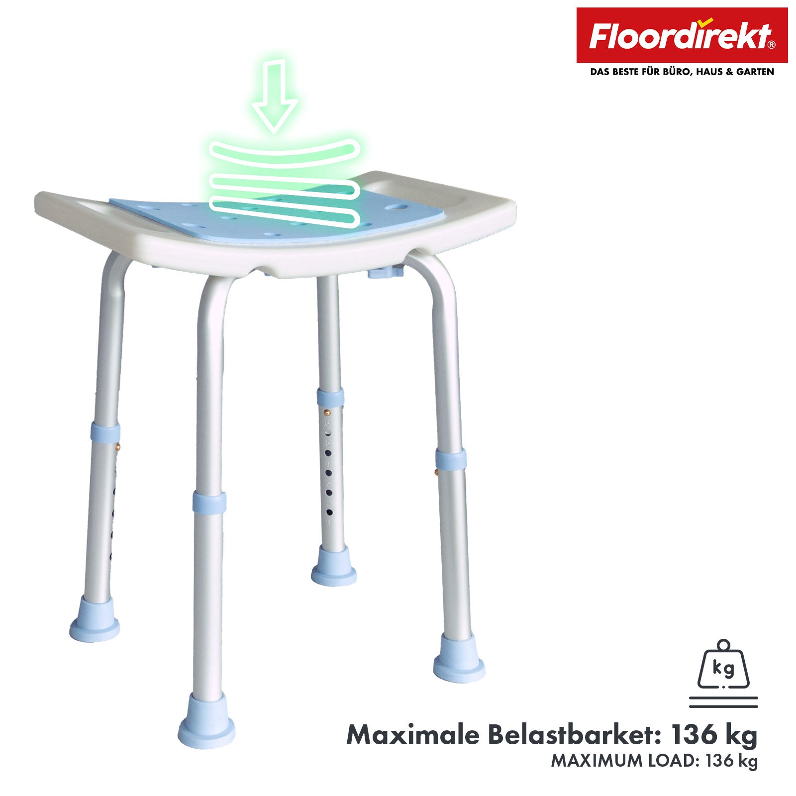 Tabouret de douche | Nora | Tabouret de salle de bain réglable en hauteur, antidérapant, supporte jusqu’à 136 kg