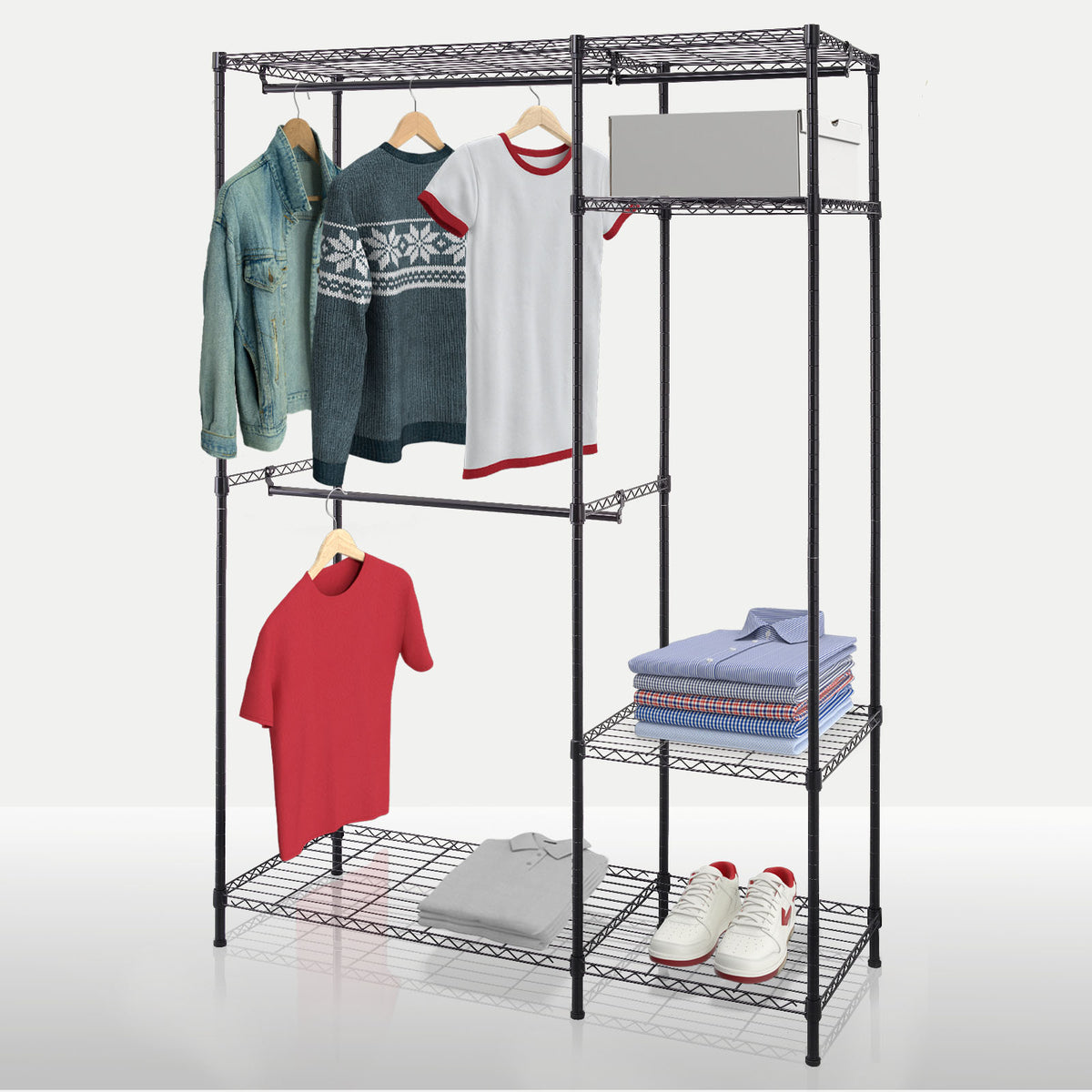 Armoire | Edward | Portemanteau ouvert en acier thermolaqué avec tringles à vêtements et étagères réglables