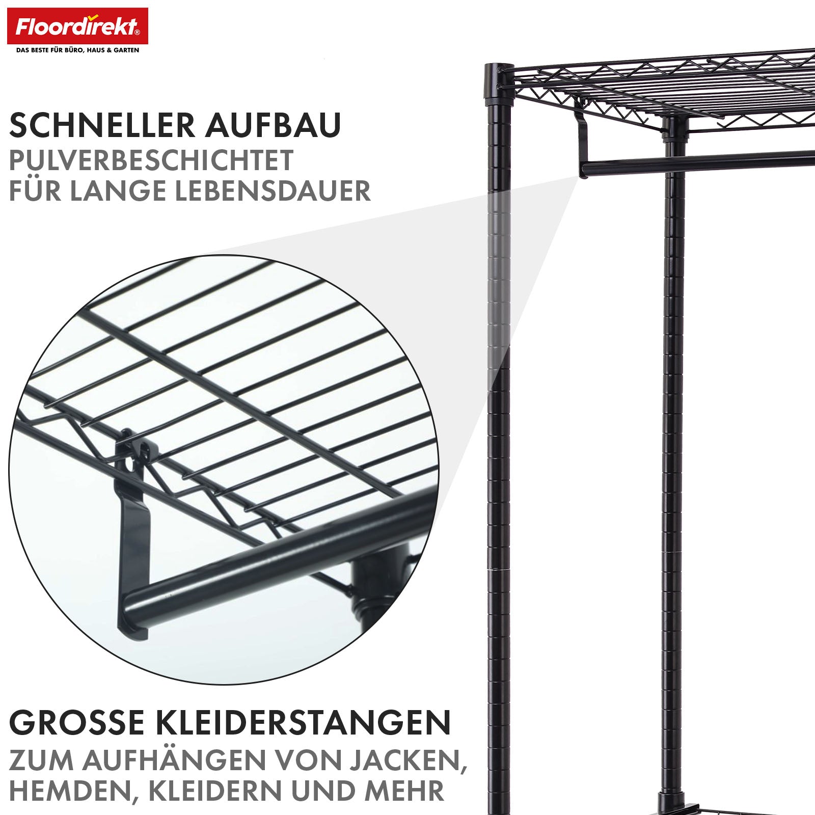 Armoire | Edward | Portemanteau ouvert en acier thermolaqué avec tringles à vêtements et étagères réglables