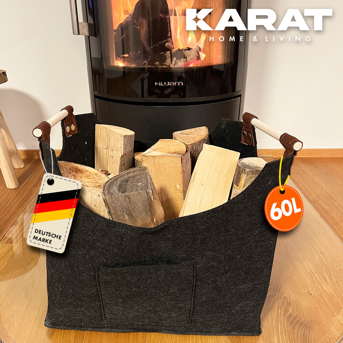 Sac en feutre Vesta | Sac à bois de cheminée | Sac à provisions | Pliable | Poignée renforcée