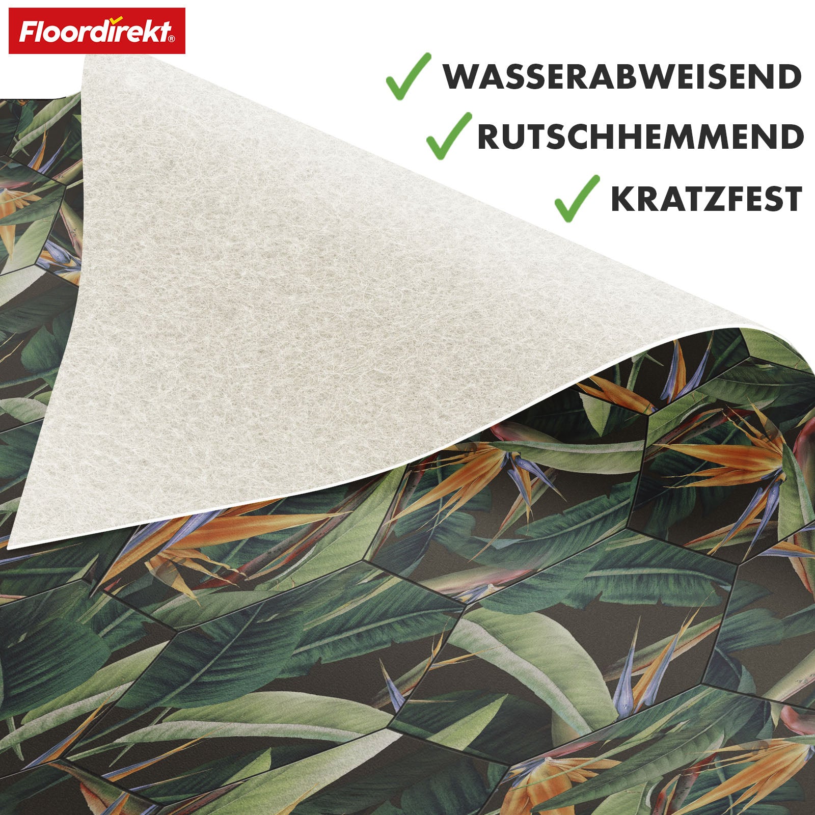Revêtement de sol 3D CV | Strelitzia 536M | Revêtement de sol en vinyle au design tropical avec un aspect carrelage réaliste