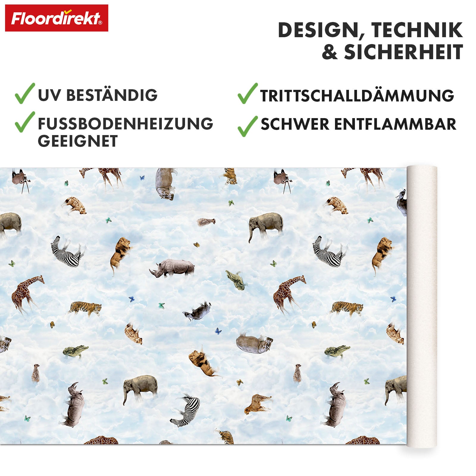 Revêtement de sol 3D CV | Clouds Safari | Revêtement de sol vinyle avec design réaliste d'animaux et de nuages