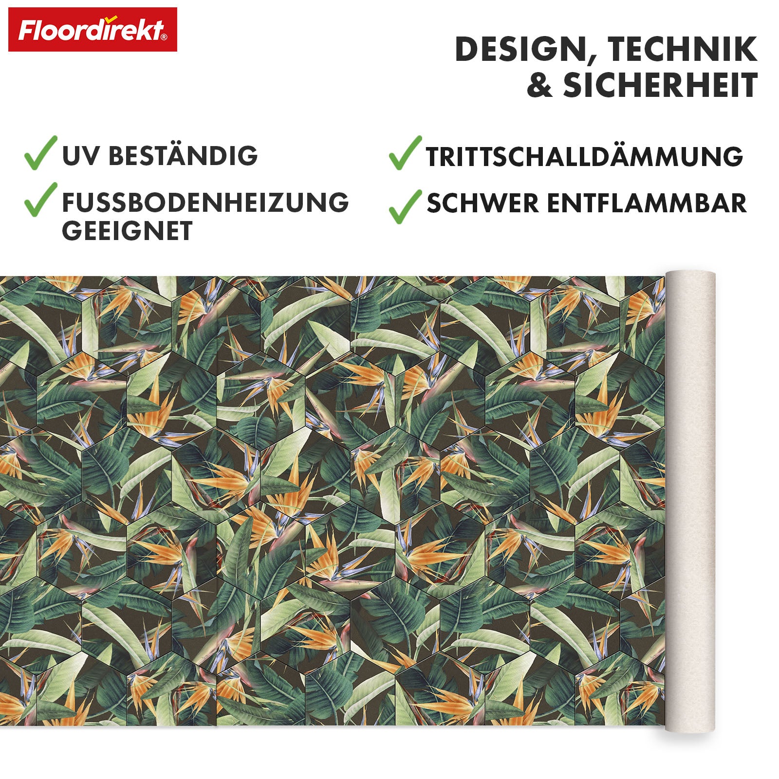 Revêtement de sol 3D CV | Strelitzia 536M | Revêtement de sol en vinyle au design tropical avec un aspect carrelage réaliste