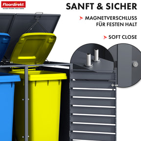 Abri pour poubelles | Johan | Habillage pour poubelles anthracite avec décor bois et cadre robuste en acier inoxydable | 1-3 portes | Rangement de poubelle pour 60-240 L