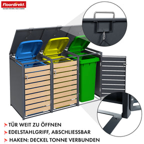 Abri pour poubelles | Johan | Habillage pour poubelles anthracite avec décor bois et cadre robuste en acier inoxydable | 1-3 portes | Rangement de poubelle pour 60-240 L
