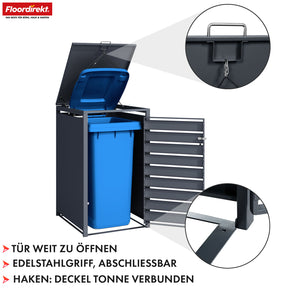 Abri pour poubelles | Johan | Habillage pour poubelles anthracite avec décor bois et cadre robuste en acier inoxydable | 1-3 portes | Rangement de poubelle pour 60-240 L