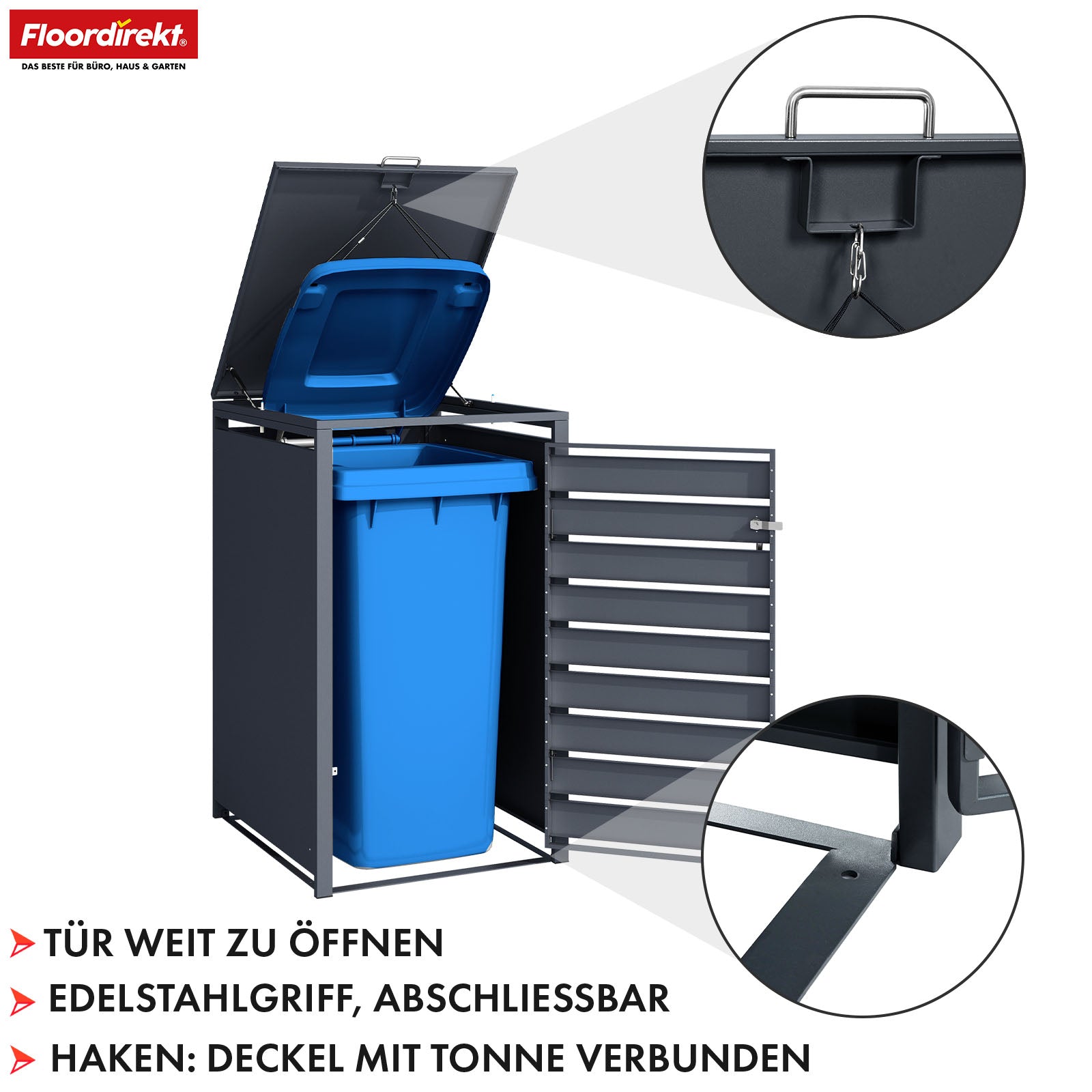 Abri pour poubelles | Magnus | Habillage de poubelle anthracite résistant aux intempéries avec cadre en acier inoxydable | 1-3 portes | Convient pour les poubelles de 60-240 L