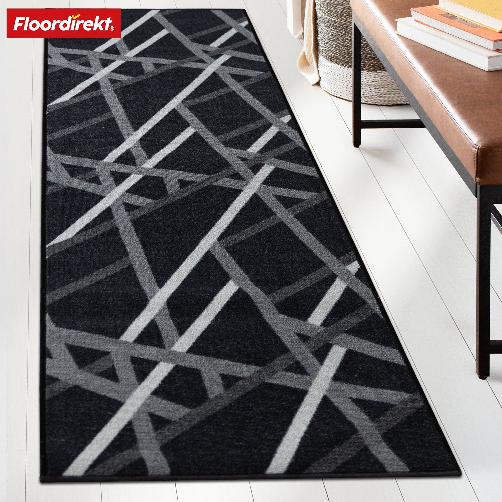 Tapis couloir Printed | En anthracite et marron | Tapis moderne à motif rayé avec dos antidérapant en gel | Résistant et facile d’entretien