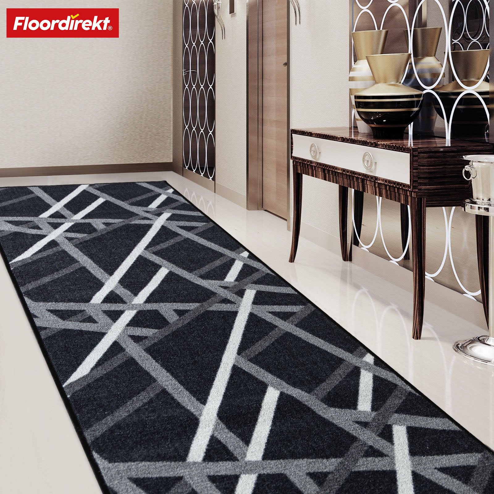 Tapis couloir Printed | En anthracite et marron | Tapis moderne à motif rayé avec dos antidérapant en gel | Résistant et facile d’entretien