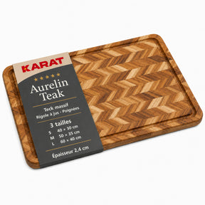 Planche à découper | Aurelin Teak Herringbone | Teck massif avec rainure à jus & poignées | 3 tailles