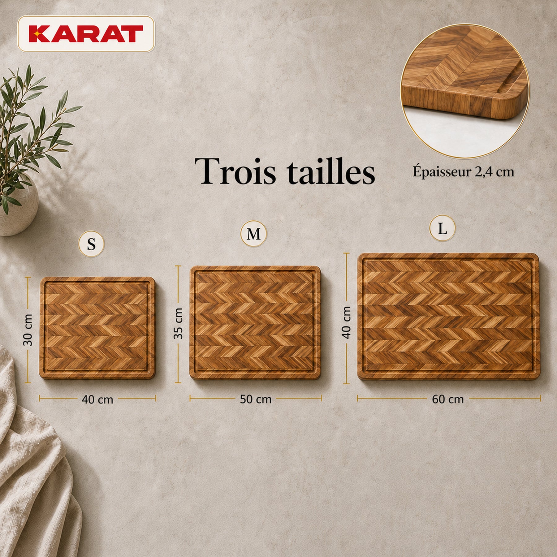 Planche à découper | Aurelin Teak Herringbone | Teck massif avec rainure à jus & poignées | 3 tailles