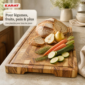 Planche à découper | Aurelin Teak Herringbone | Teck massif avec rainure à jus & poignées | 3 tailles