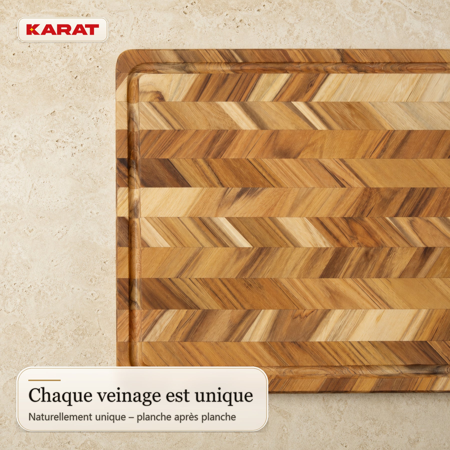 Planche à découper | Aurelin Teak Herringbone | Teck massif avec rainure à jus & poignées | 3 tailles