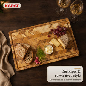 Planche à découper | Aurelin Teak Herringbone | Teck massif avec rainure à jus & poignées | 3 tailles