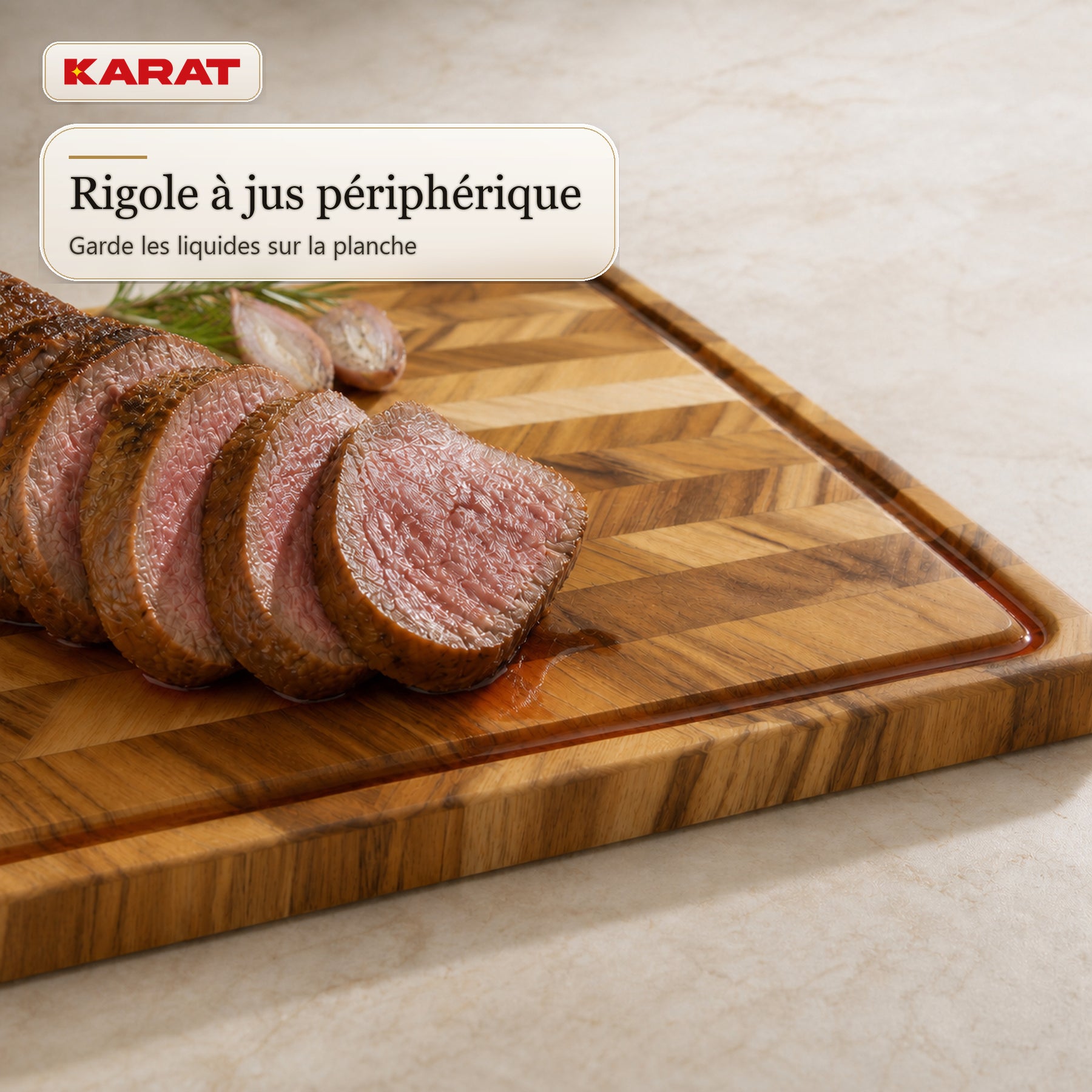 Planche à découper | Aurelin Teak Herringbone | Teck massif avec rainure à jus & poignées | 3 tailles