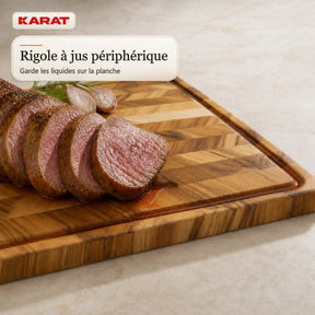 Planche à découper | Aurelin Teak Herringbone | Teck massif avec rainure à jus & poignées | 3 tailles
