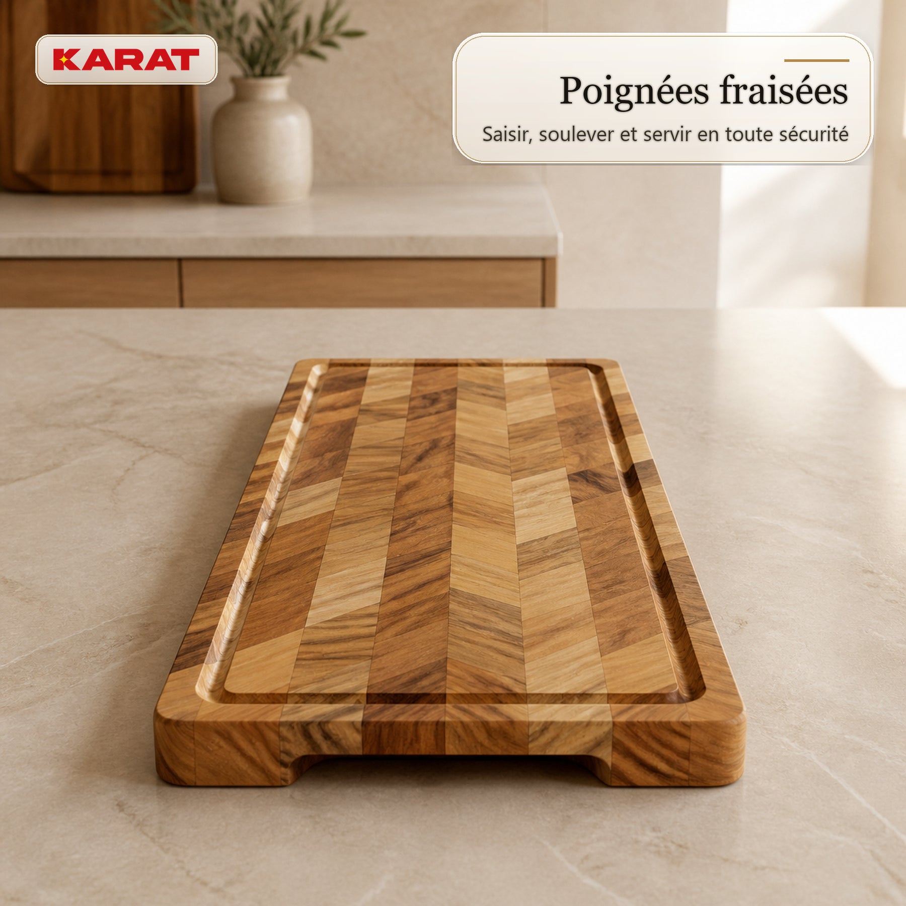 Planche à découper | Aurelin Teak Herringbone | Teck massif avec rainure à jus & poignées | 3 tailles