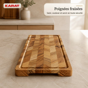 Planche à découper | Aurelin Teak Herringbone | Teck massif avec rainure à jus & poignées | 3 tailles