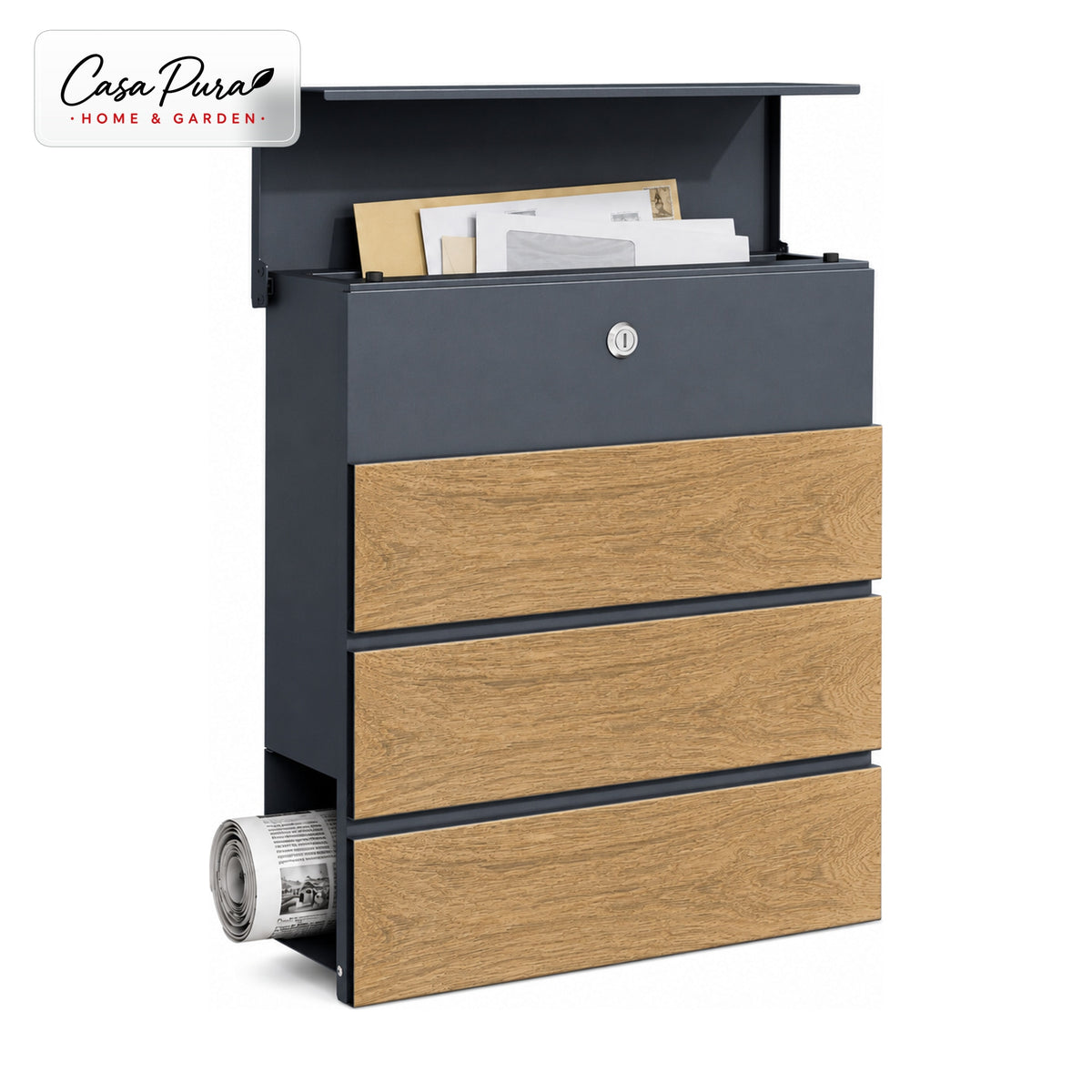Boîte aux lettres | Roland | Boîte aux lettres murale moderne avec porte-journaux | Anthracite aspect bois