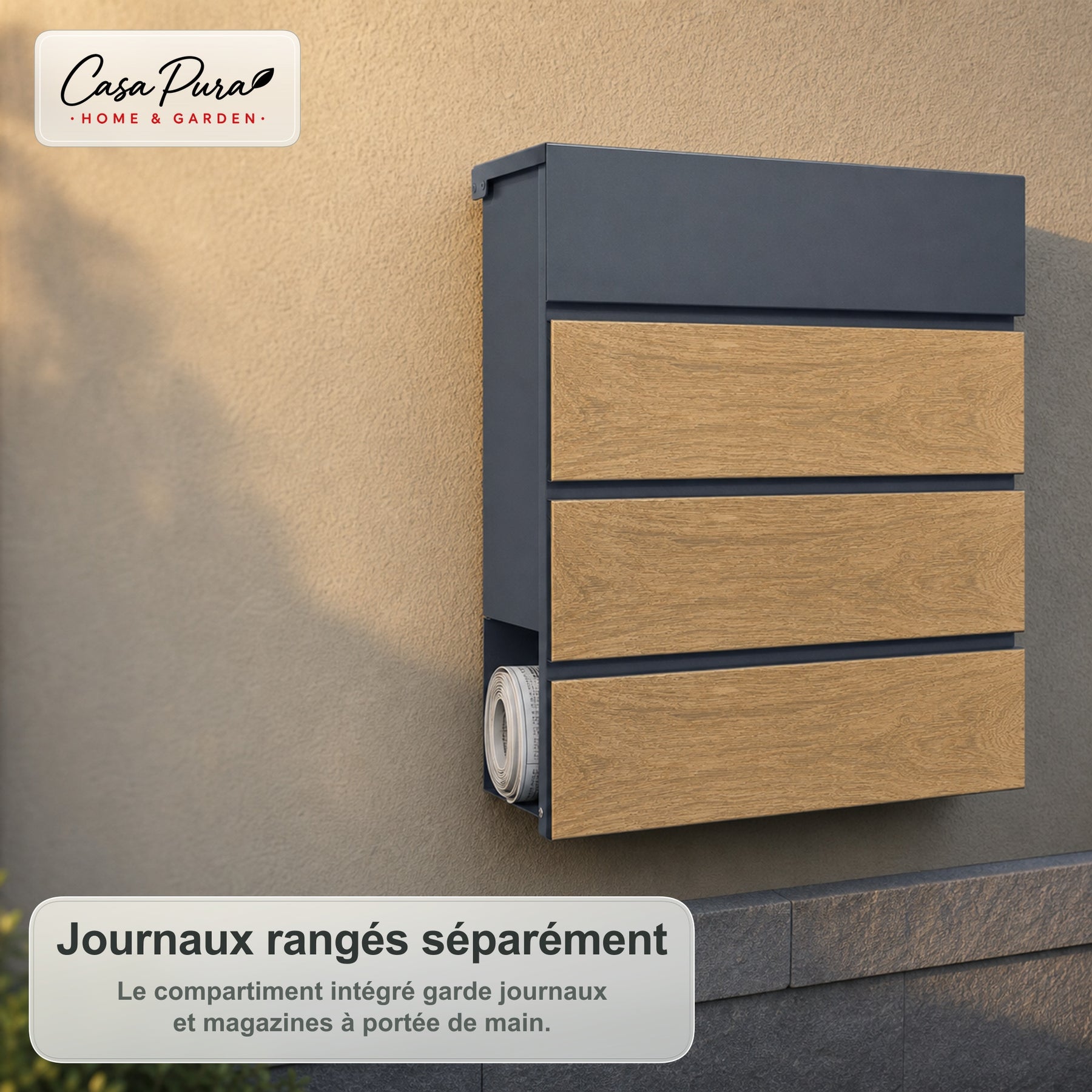 Boîte aux lettres | Roland | Boîte aux lettres murale moderne avec porte-journaux | Anthracite aspect bois