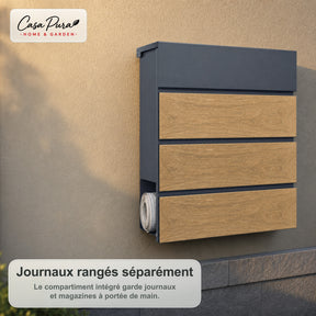 Boîte aux lettres | Roland | Boîte aux lettres murale moderne avec porte-journaux | Anthracite aspect bois