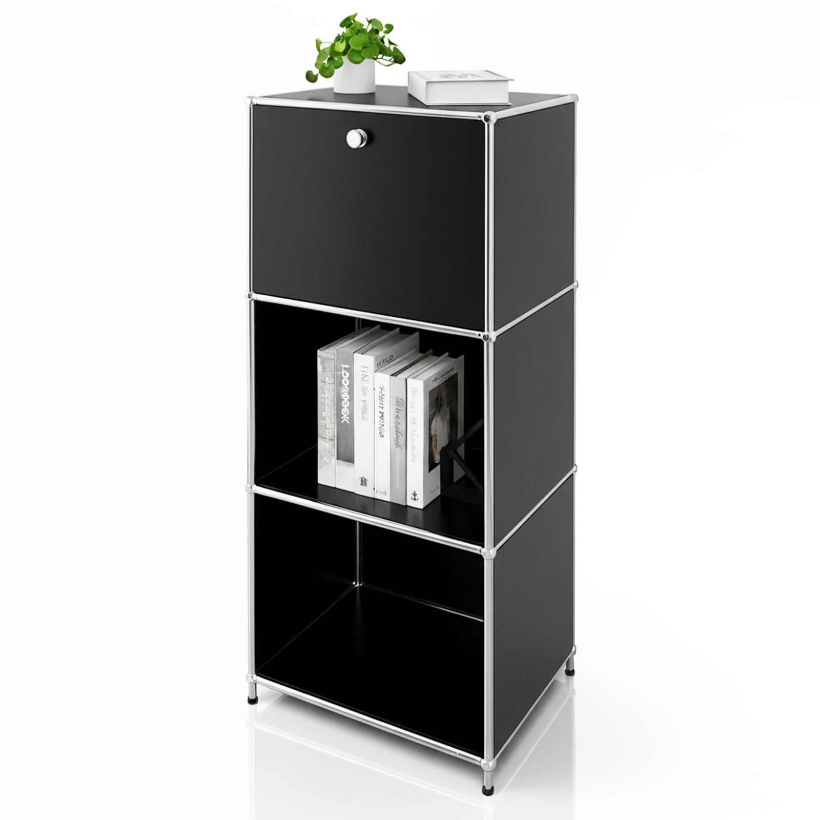 Étagère métallique | Concept Epure MK-107 | Étagère de rangement à 4 niveaux avec compartiment verrouillable et tablettes | Disponible en plusieurs couleurs