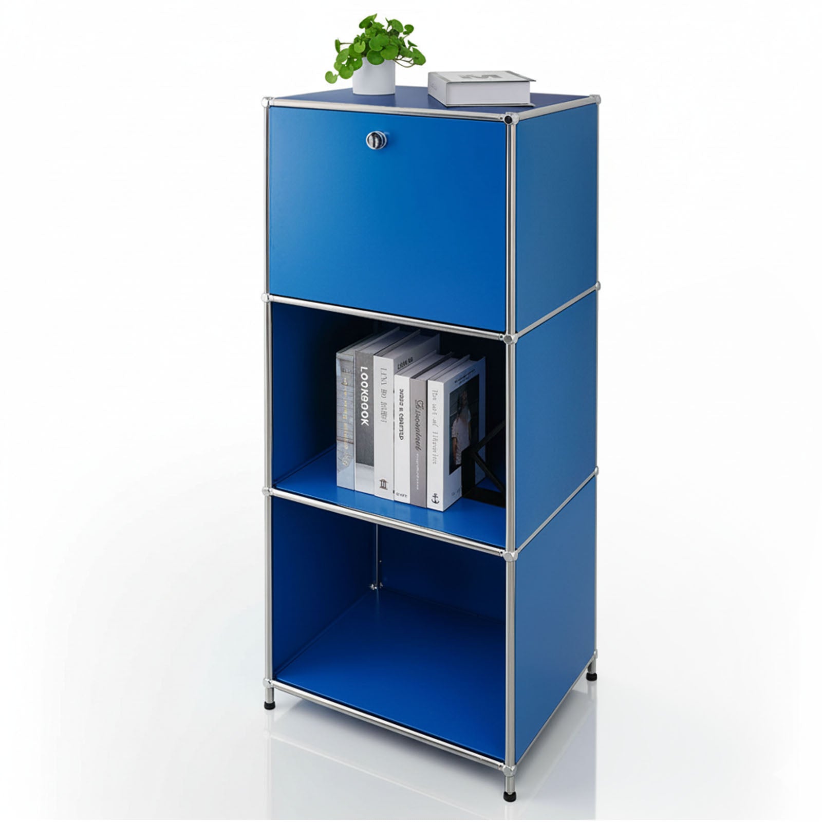 Étagère métallique | Concept Epure MK-107 | Étagère de rangement à 4 niveaux avec compartiment verrouillable et tablettes | Disponible en plusieurs couleurs
