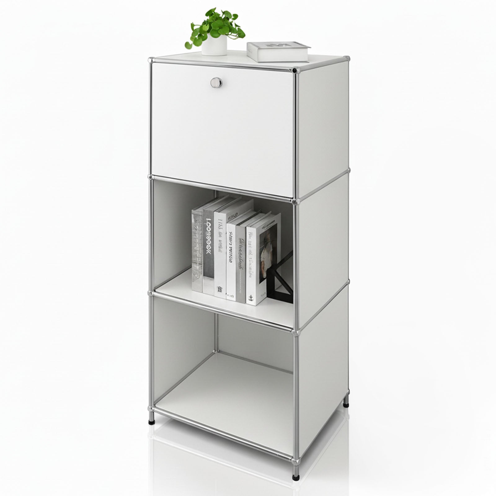 Étagère métallique | Concept Epure MK-107 | Étagère de rangement à 4 niveaux avec compartiment verrouillable et tablettes | Disponible en plusieurs couleurs