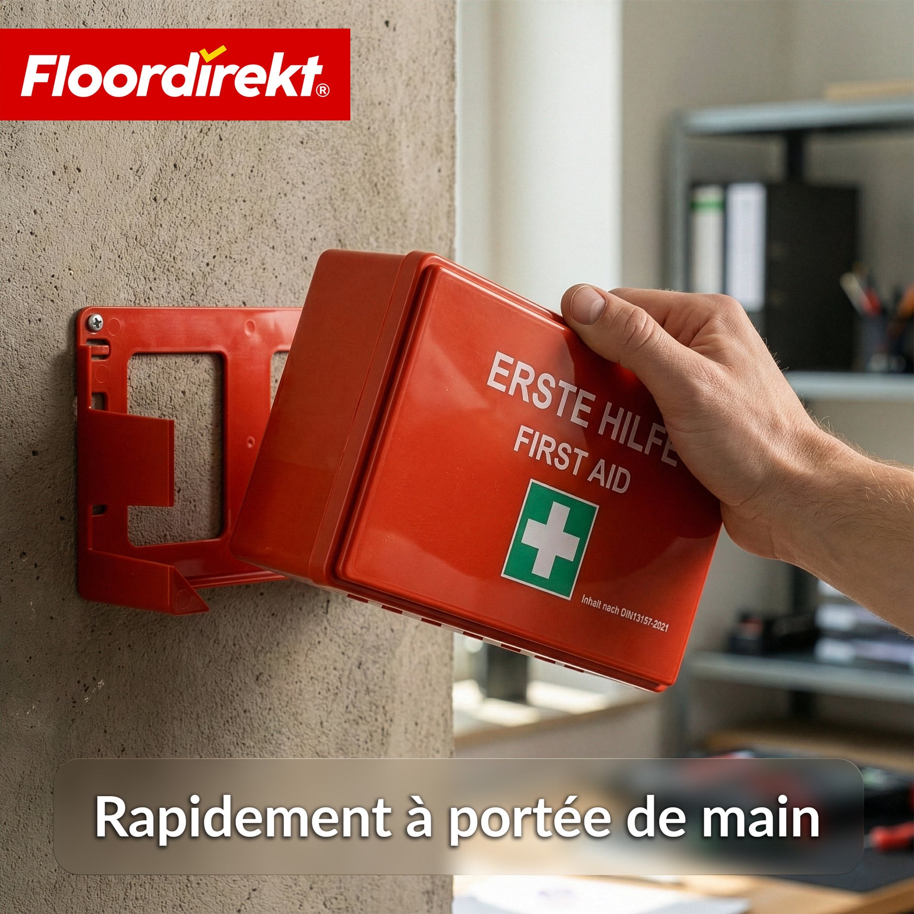 Trousse de premiers secours | DIN 13157:2021 | Coffret de secours avec support mural & autocollants ISO
