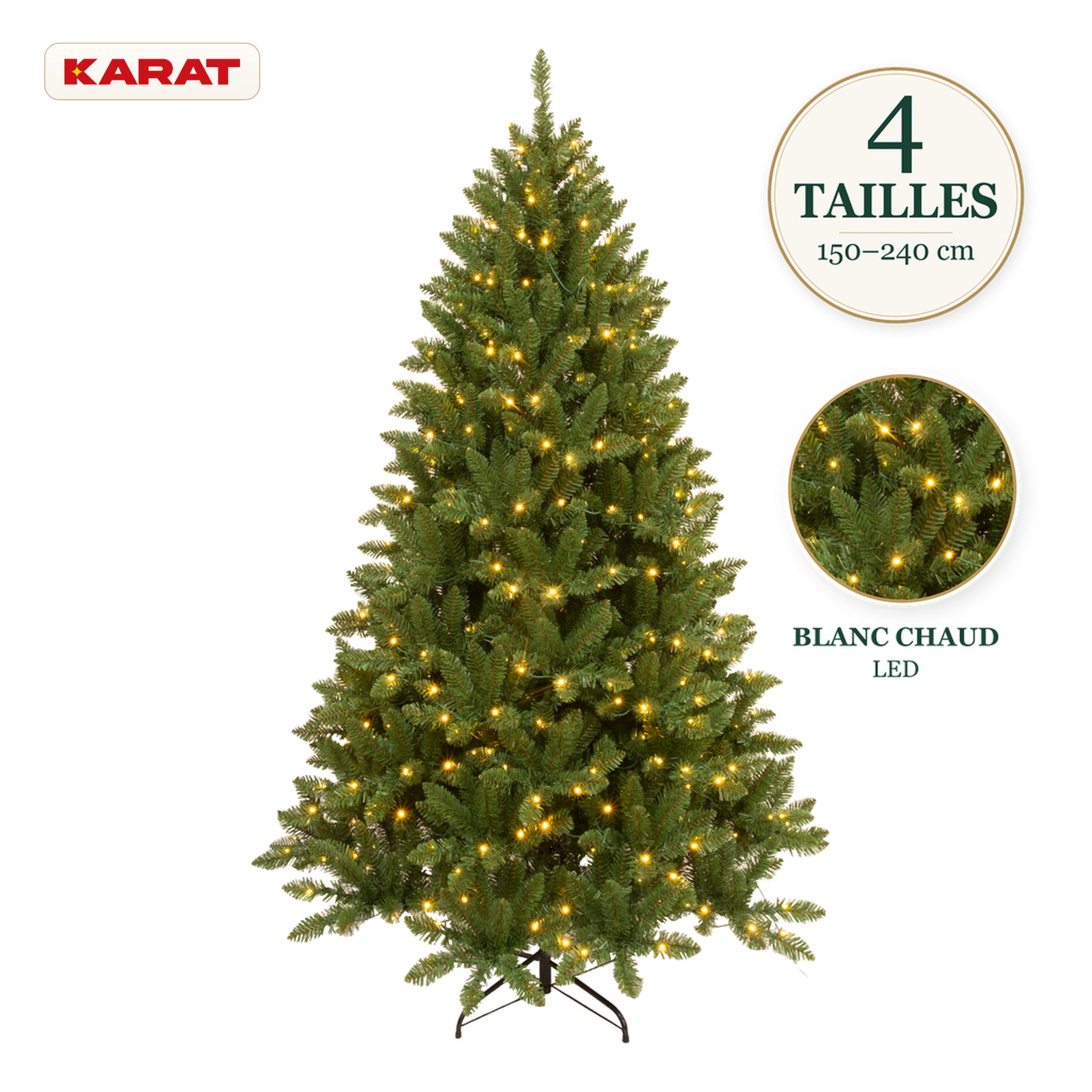Sapin de Noël artificiel avec éclairage LED | Evergreen | LED blanc chaud & pied en métal | 150–240 cm