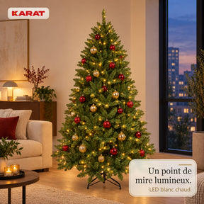 Sapin de Noël artificiel avec éclairage LED | Evergreen | LED blanc chaud & pied en métal | 150–240 cm