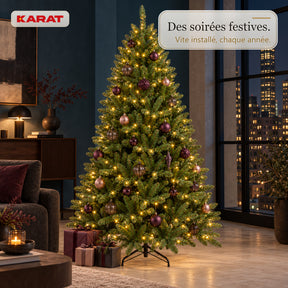 Sapin de Noël artificiel avec éclairage LED | Evergreen | LED blanc chaud & pied en métal | 150–240 cm