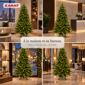 Sapin de Noël artificiel avec éclairage LED | Evergreen | LED blanc chaud & pied en métal | 150–240 cm