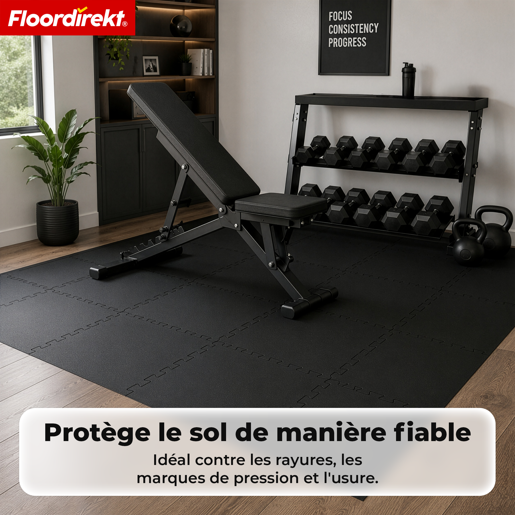 Tapis emboîtable en caoutchouc | Tapis de protection de sol robuste pour appareils de fitness & espaces de travail | 50 x 50 cm