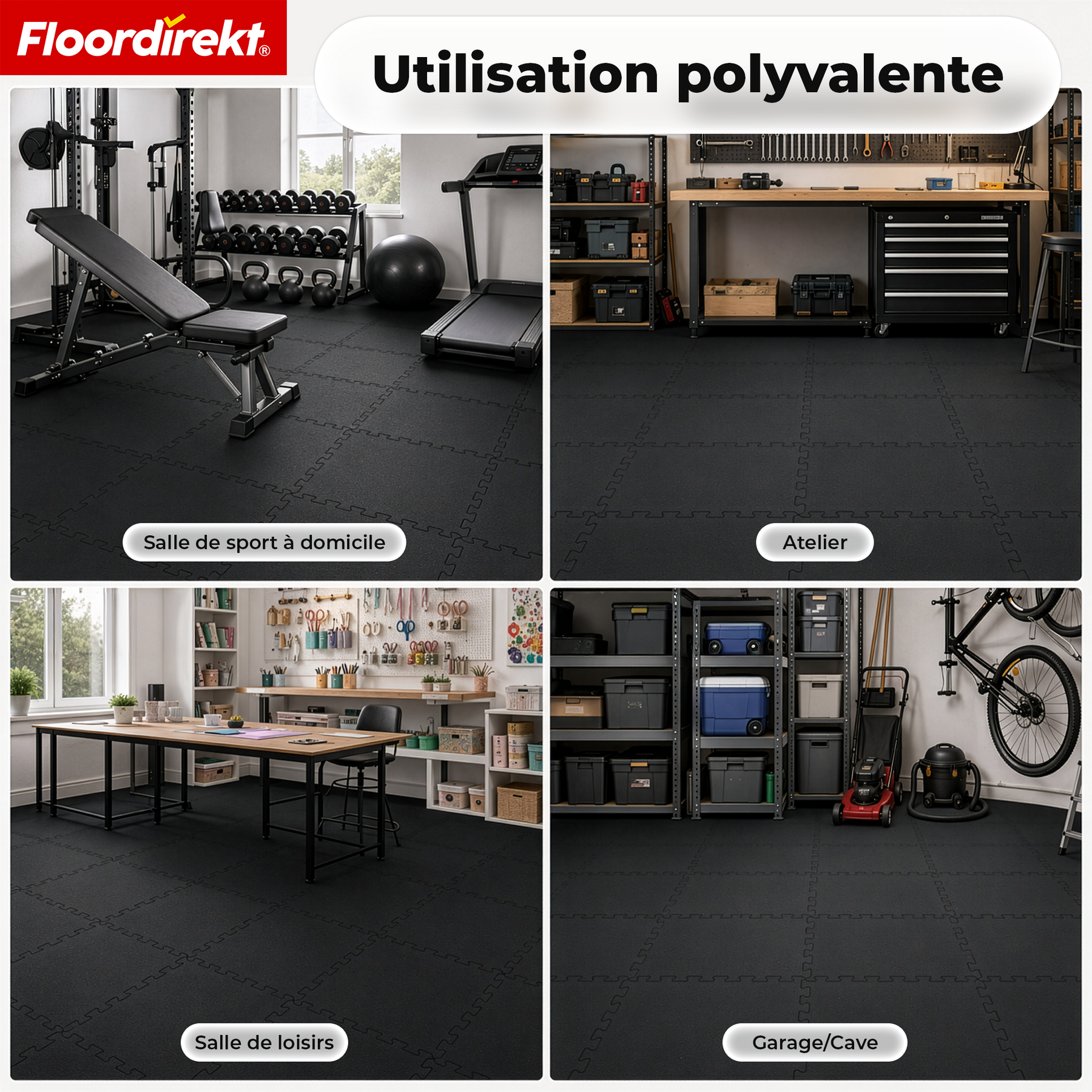 Tapis emboîtable en caoutchouc | Tapis de protection de sol robuste pour appareils de fitness & espaces de travail | 50 x 50 cm